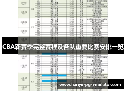 CBA新赛季完整赛程及各队重要比赛安排一览