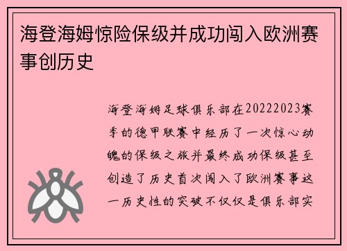 海登海姆惊险保级并成功闯入欧洲赛事创历史
