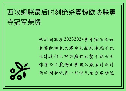 西汉姆联最后时刻绝杀震惊欧协联勇夺冠军荣耀